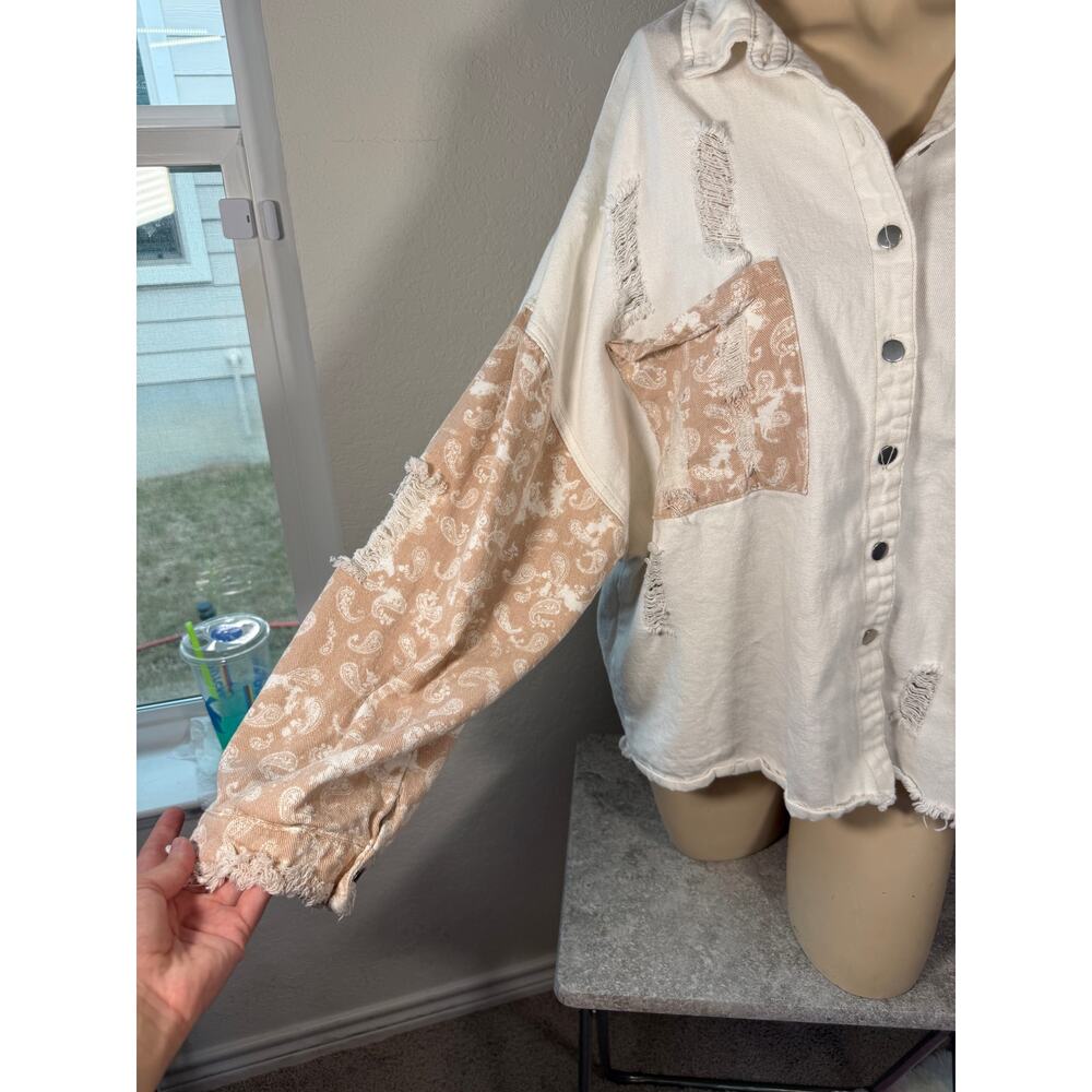 EUC POL Patchwork Button Up Jacket Shacket Cream … - image 8